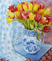 Tulipani rossi e gialli in una brocca di Copeland